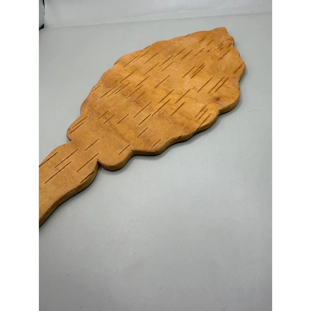 Vintage MCM Eastern European Hand Carved Birch Wood Hand Mirror 11.75
